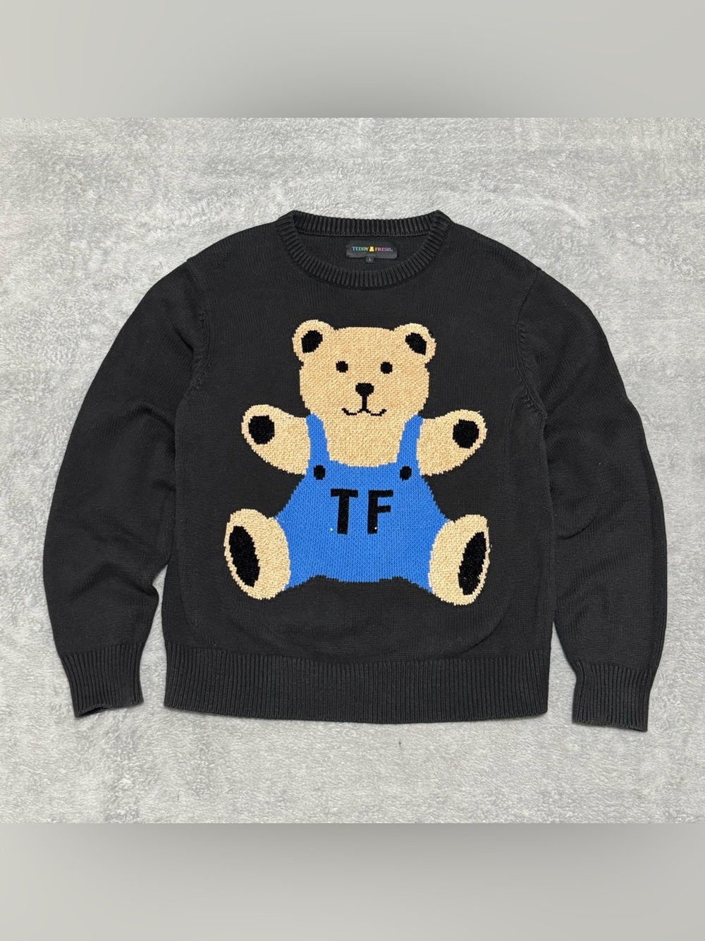 Teddy Fresh Bear Knit Sweater Black Blue Large Streetwear Casual Boho Cozy Hype